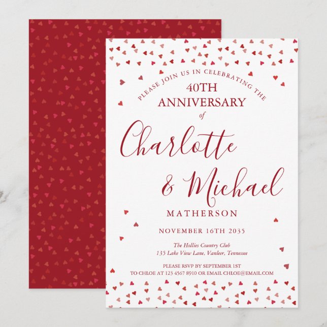 40th Wedding Anniversary Ruby Hearts Script Invitation (Front/Back)