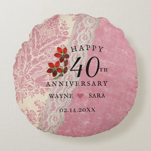 40th Wedding Anniversary Ruby Jewel Round Pillow (Front)