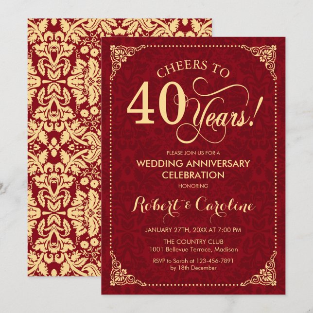 40th Wedding Anniversary - Ruby Red Gold Damask Invitation (Front/Back)