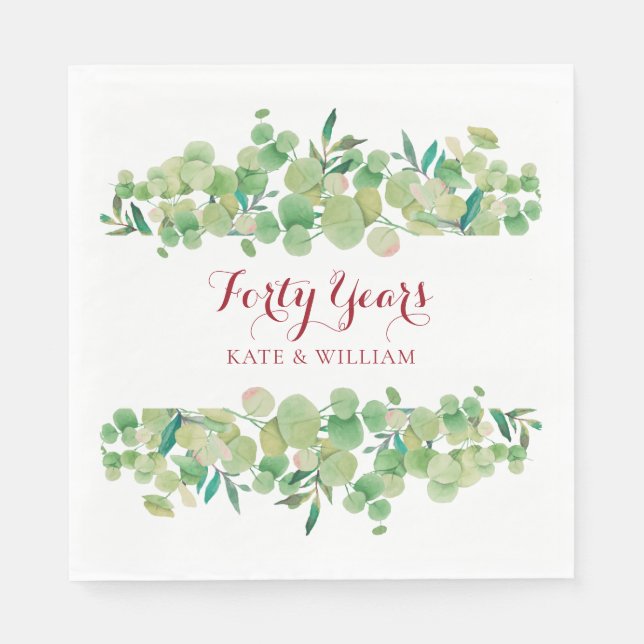 40th Wedding Anniversary Ruby Script Greenery  Napkin (Front)