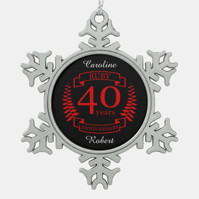 40th Wedding ANNIVERSARY RUBY Snowflake Pewter Christmas Ornament (Front)