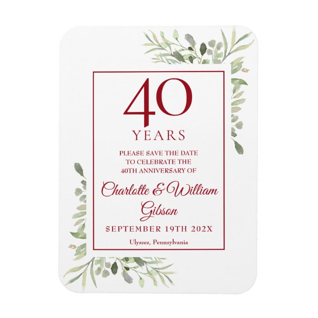 40th Wedding Anniversary Save the Date Greenery Magnet (Vertical)