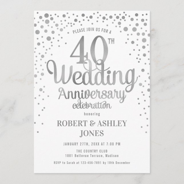 40th Wedding Anniversary - Silver & White Invitation (Front)