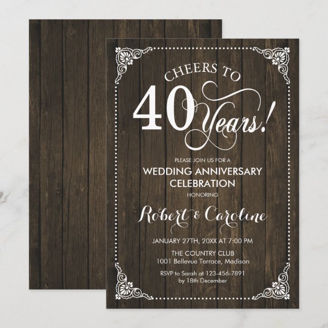 40th Wedding Anniversary - Wood Invitation (Front/Back)