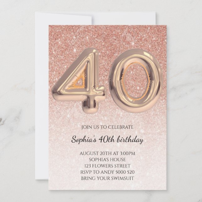 40th Women Birthday Rose Gold Glitter Elegant Invitation (Front)