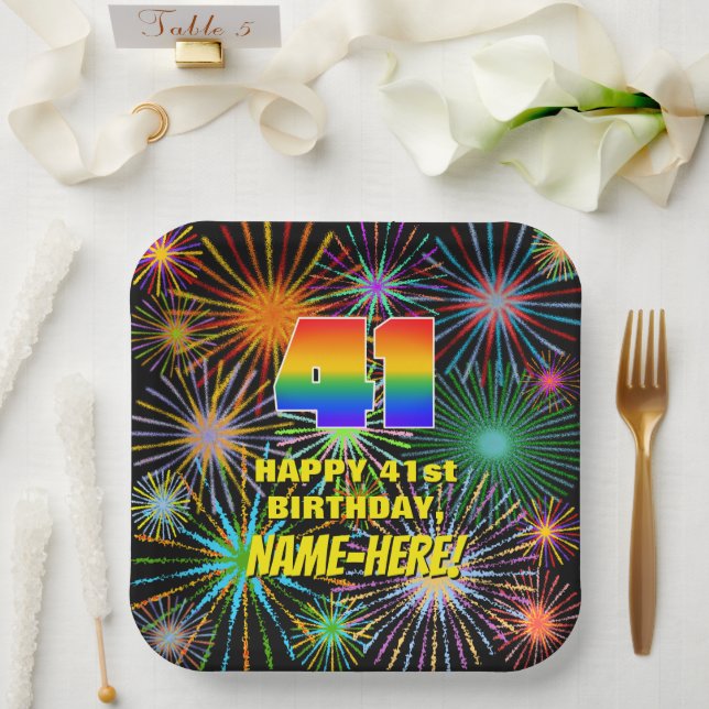 41st Birthday: Colourful, Fun Celebratory Firework Paper Plate (Wedding)