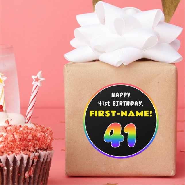 41st Birthday: Colourful Rainbow # 41, Custom Name Classic Round Sticker (Party)