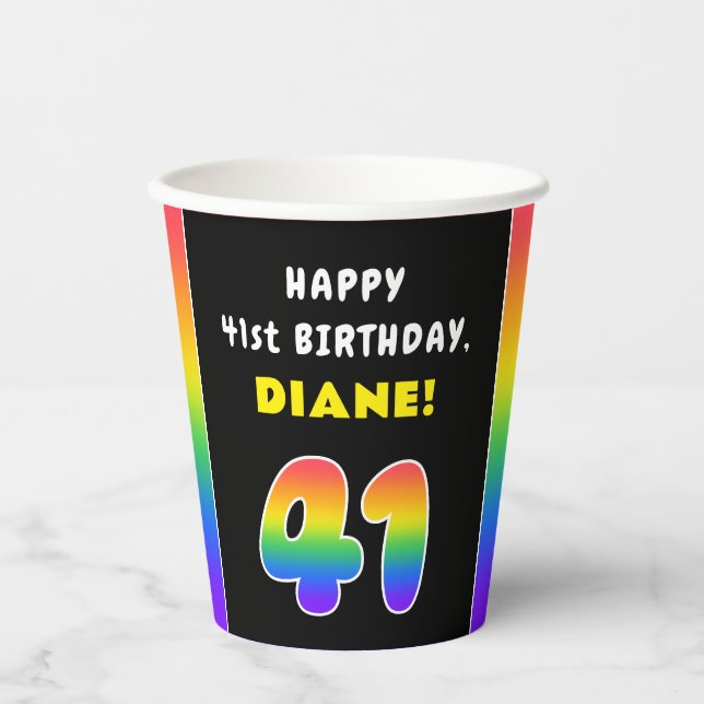 41st Birthday: Colourful Rainbow # 41, Custom Name Paper Cups (Front)