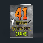 41st Birthday: Eerie Halloween Theme   Custom Name Card<br><div class="desc">The front of this scary and spooky Halloween themed birthday greeting card design features a large number “41” and the message “HAPPY BIRTHDAY, ”, plus an editable name. There are also depictions of a bat and a ghost on the front. The inside features a customized birthday greeting message, or could...</div>