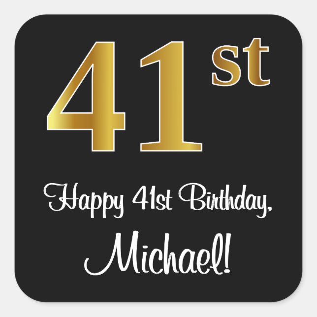 41st Birthday – Elegant Luxurious Faux Gold Look # Square Sticker (Front)