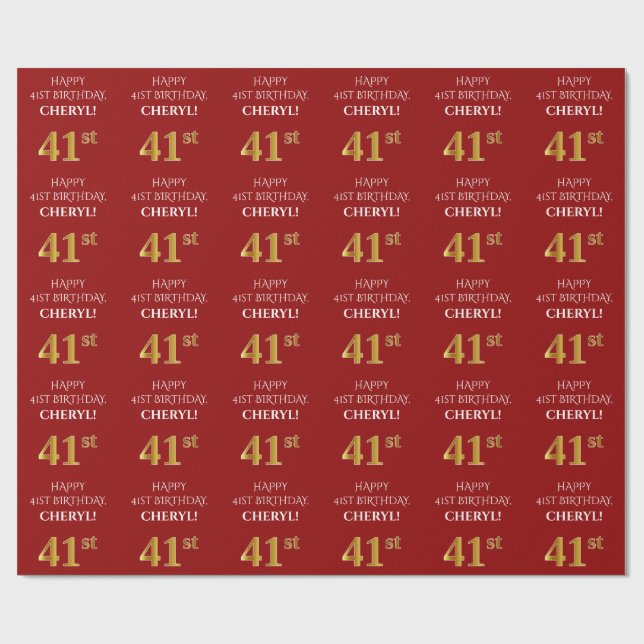 41st Birthday: Elegant, Red, Faux Gold Look Wrapping Paper (Flat)