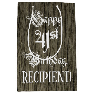 41st Birthday: Fancy, Faux Wood Look + Custom Name Medium Gift Bag
