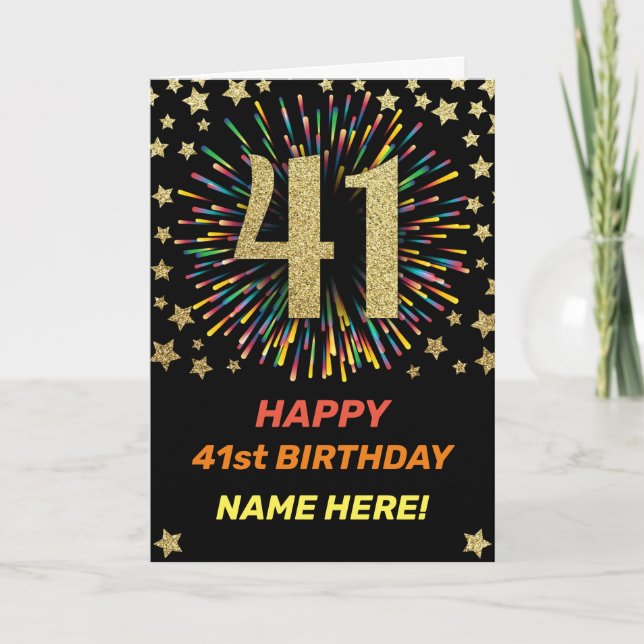 41st Birthday Fireworks Rainbow Gold Fun Card (Front)