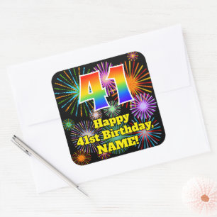 41st Birthday: Fun Fireworks Look, Rainbow # 41 Square Sticker