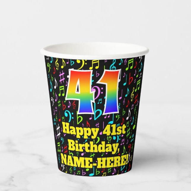 41st Birthday: Fun Music Notes Pattern, Rainbow 41 Paper Cups (Front)