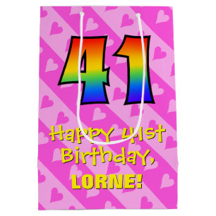 41st Birthday: Fun Pink Hearts Stripes; Rainbow 41 Medium Gift Bag