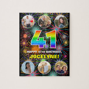 41st Birthday: Fun Rainbow #, Custom Name + Photos Jigsaw Puzzle