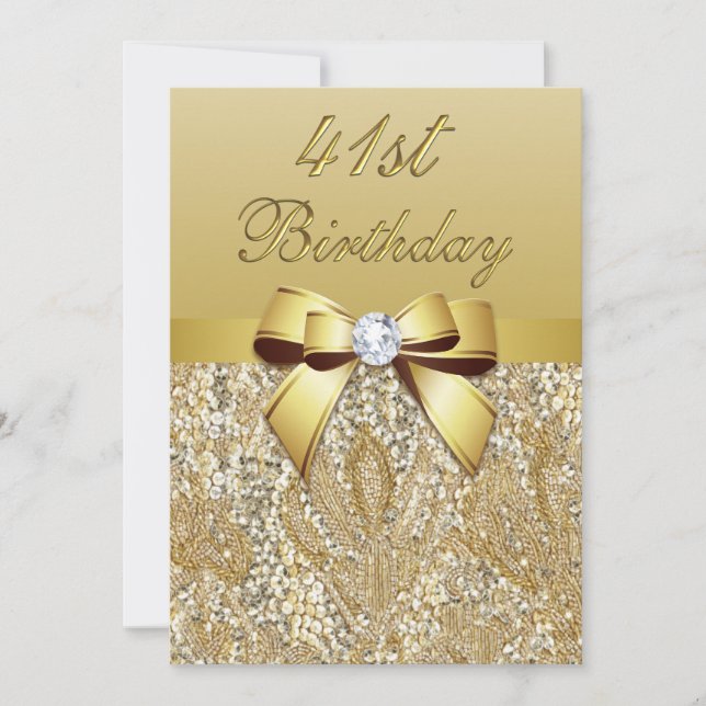 41st Birthday Gold Faux Sequins and Bow Invitation (Front)