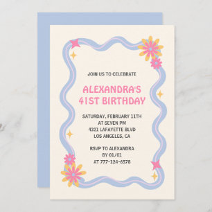 41st birthday invitation Retro Groovy Blue Flowers