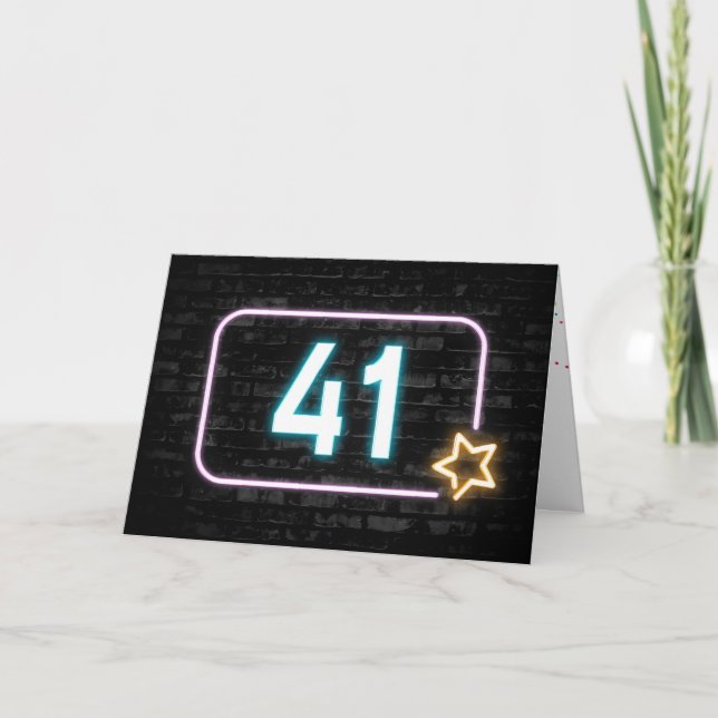 41st Birthday Neon Sign On Brick Wall Card (Front)