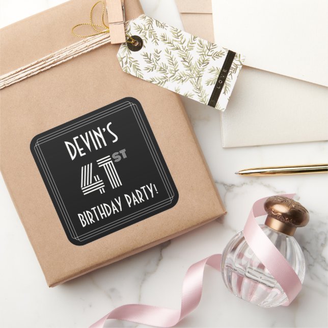 41st Birthday Party: Art Deco Style & Custom Name Square Sticker (Gifting)