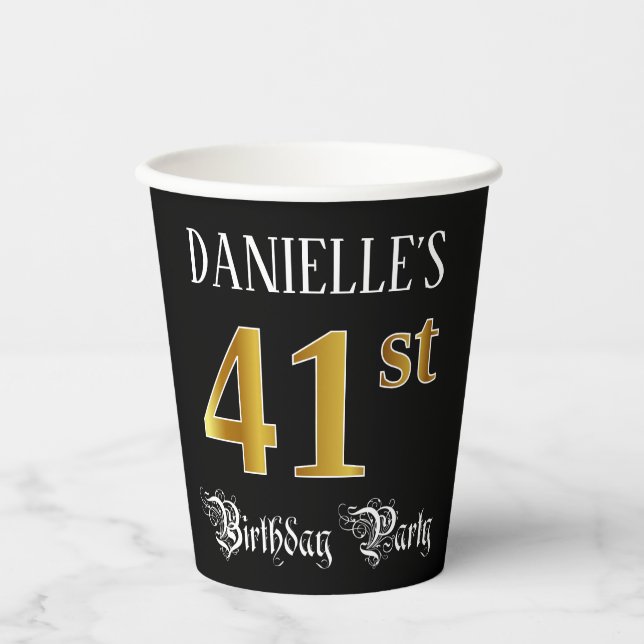 41st Birthday Party — Fancy Script, Faux Gold Look Paper Cups (Front)