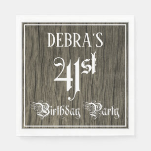 41st Birthday Party — Fancy Script, Faux Wood Look Napkin