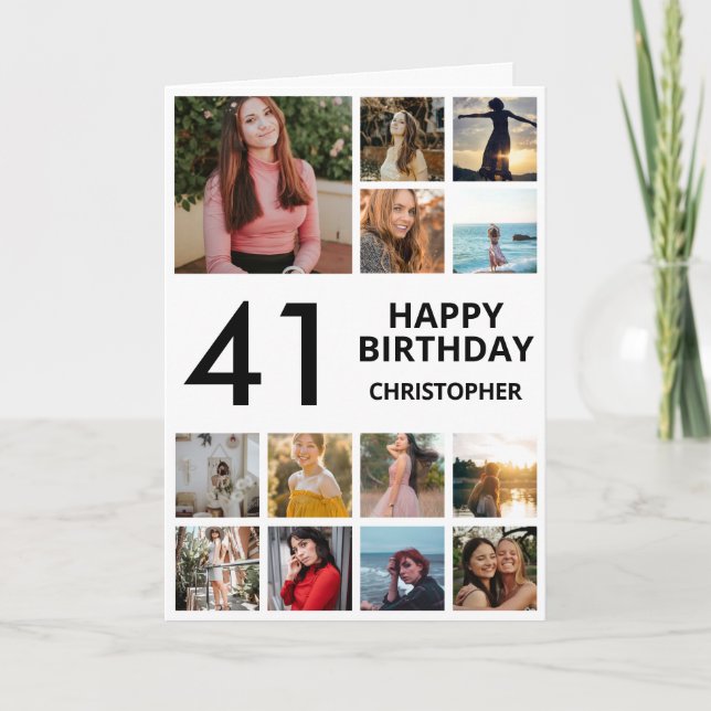 41st Birthday Photo Collage 13 Photos Black White Card (Front)
