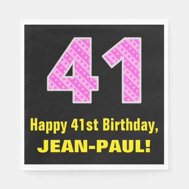 41st Birthday: Pink Stripes and Hearts "41" + Name Napkin (Front)