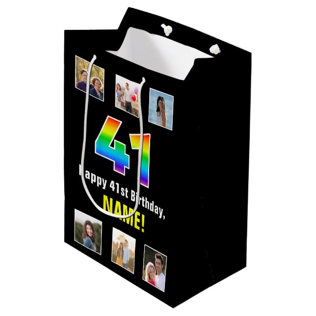 41st Birthday: Rainbow “41“, Custom Photos & Name Medium Gift Bag (Front Angled)