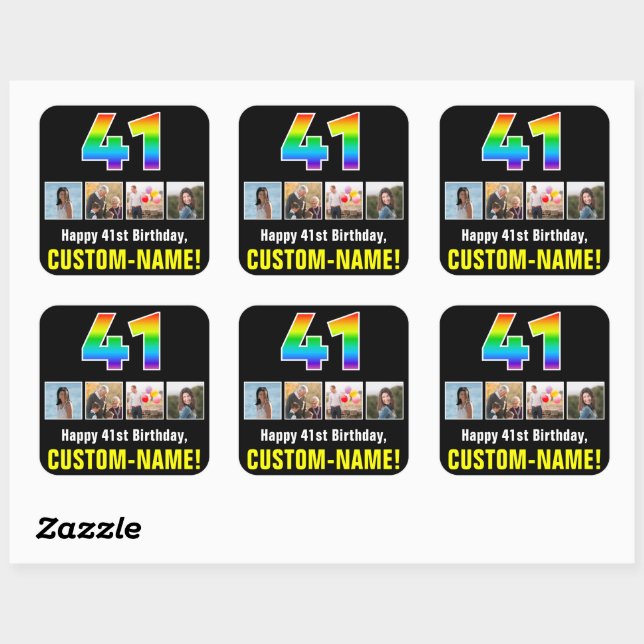 41st Birthday: Rainbow “41”; Custom Photos & Name Square Sticker (Sheet)