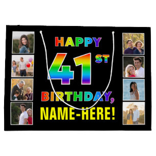 41st Birthday: Rainbow Text, Custom Photos & Name Large Gift Bag