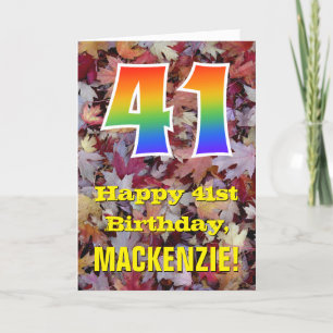 41st Birthday; Rustic Autumn Leaves; Rainbow "41" Card