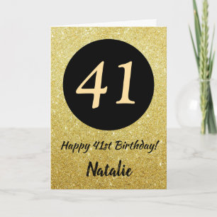 41st Happy Birthday Black and Gold Glitter Card