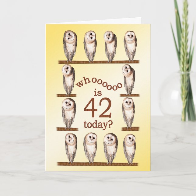 42e anniversaire, carte des chouettes curieux. (Devant)