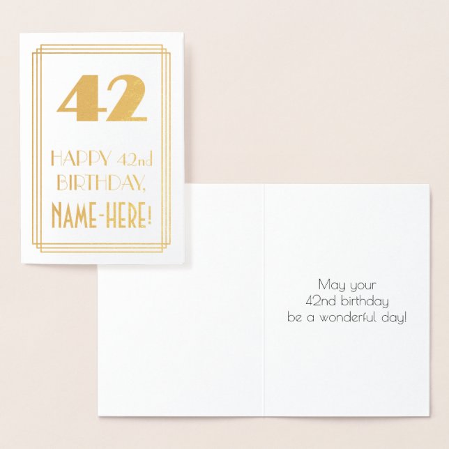 42nd Birthday: Art Deco Inspired Look "42" & Name Foil Card (Display)