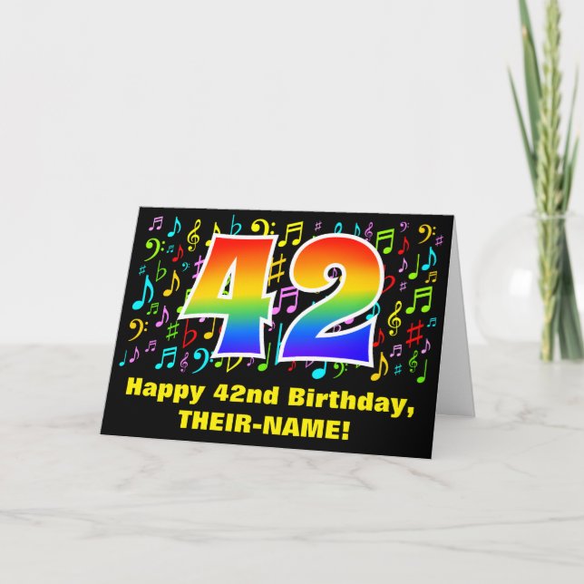 42nd Birthday: Colorful Music Symbols & Rainbow 42 Card (Front)