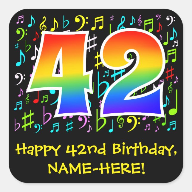 42nd Birthday: Colourful Music Symbols, Rainbow 42 Square Sticker (Front)