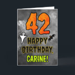 42nd Birthday: Eerie Halloween Theme   Custom Name Card<br><div class="desc">The front of this scary and spooky Hallowe’en themed birthday greeting card design features a large number “42”. It also features the message “HAPPY BIRTHDAY, ”, and an editable name. There are also depictions of a ghost and a bat on the front. The inside features a custom birthday greeting message,...</div>