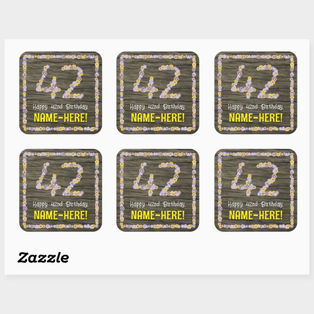 42nd Birthday: Floral Number, Faux Wood Look, Name Square Sticker (Sheet)