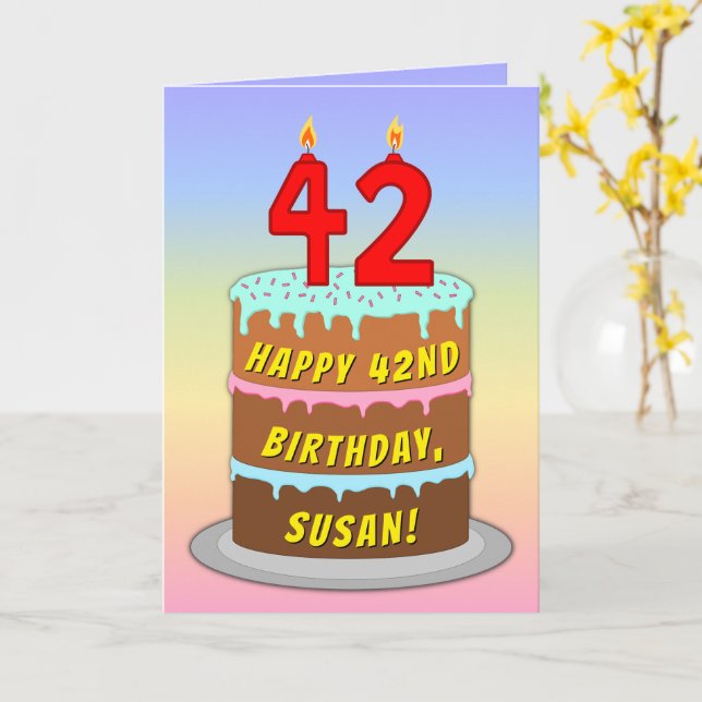 42nd Birthday — Fun Cake & Candles, w/ Custom Name Card (Yellow Flower)