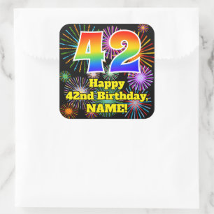42nd Birthday: Fun Fireworks Look, Rainbow # 42 Square Sticker