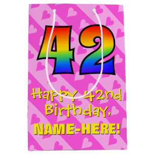 42nd Birthday: Fun Pink Hearts Stripes; Rainbow 42 Medium Gift Bag