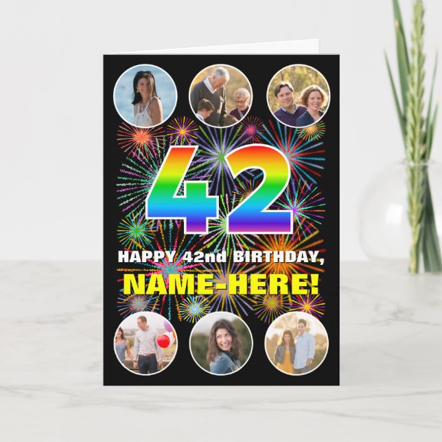 42nd Birthday: Fun Rainbow #, Custom Name & Photos Card (Front)