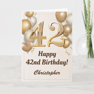 42nd Birthday Gold Balloons and Confetti Birthday Card