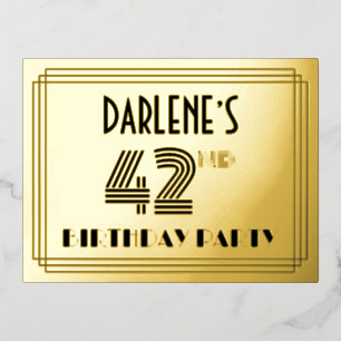 42nd Birthday Party ~ Art Deco Style “42” + Name F Foil Invitation Postcard