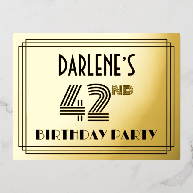 42nd Birthday Party ~ Art Deco Style “42” + Name F Foil Invitation Postcard (Front)