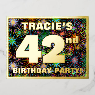 42nd Birthday Party: Bold, Colorful Fireworks Look Foil Invitation Postcard