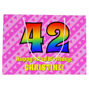 42nd Birthday: Pink Stripes & Hearts, Rainbow # 42 Large Gift Bag