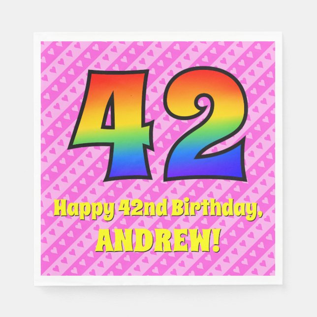 42nd Birthday: Pink Stripes & Hearts, Rainbow # 42 Napkin (Front)